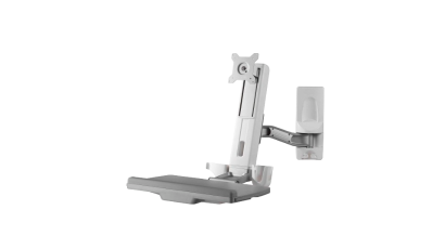 ARES-5221O是一个壁挂式工作站，具有单臂和键盘托盘，兼容75 x 75mm或100 x 100mm的VESA孔位。